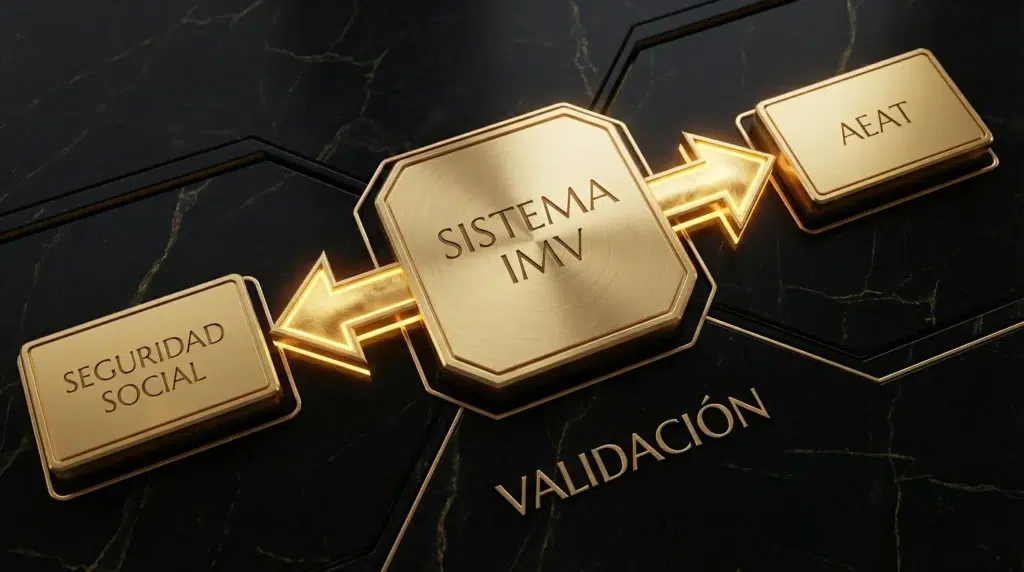 Diagrama técnico del proceso de validación cruzada para el Ingreso Mínimo Vital entre la Seguridad Social y la AEAT.