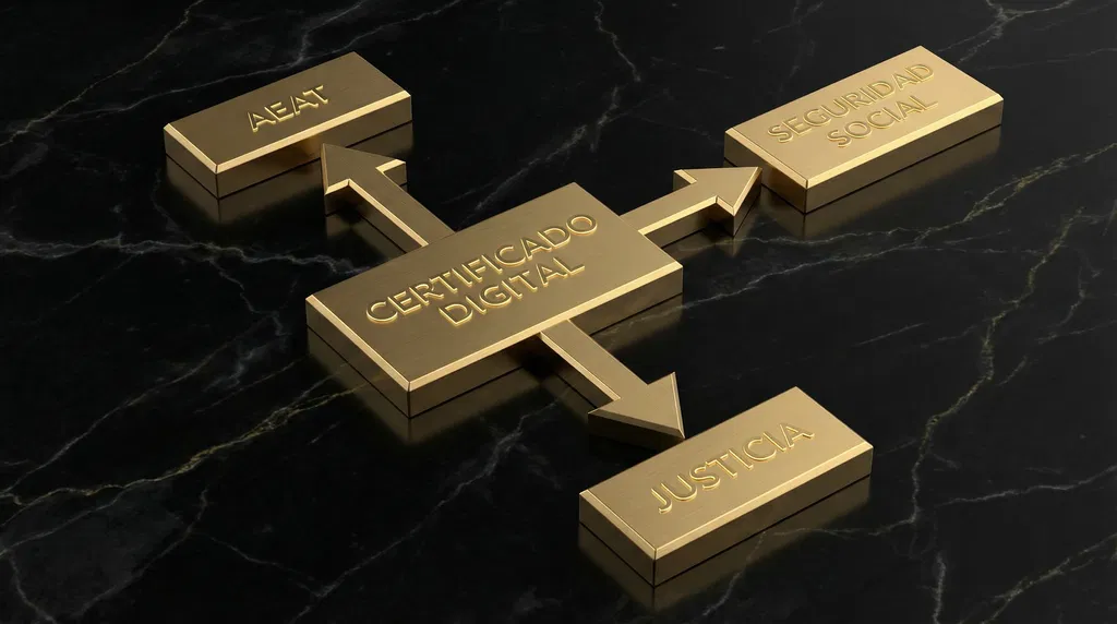 Diagrama técnico que muestra la conexión del Certificado Digital con la AEAT, Seguridad Social y el Ministerio de Justicia.