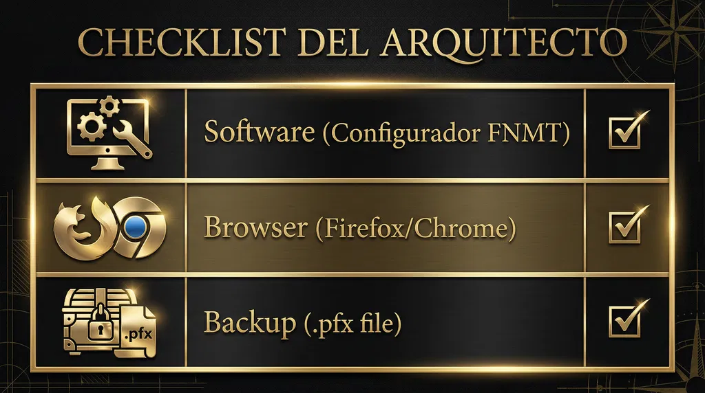 Lista de verificación técnica para instalar el certificado digital: Software Configurador FNMT, Navegador compatible y Copia de Seguridad .pfx.