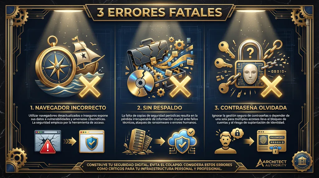Infografía de seguridad digital mostrando los errores de navegador, falta de respaldo y pérdida de contraseña en el certificado digital.