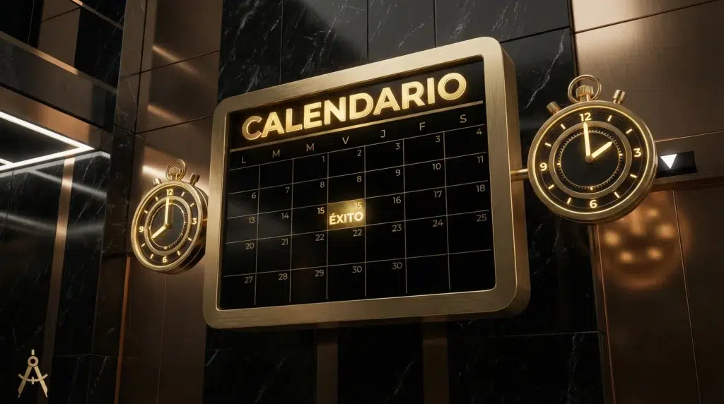 Imagen de un calendario digital dorado marcando las horas críticas de liberación de citas en la Seguridad Social.