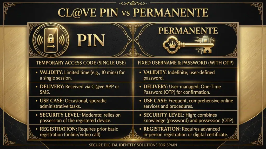 Tabla comparativa de lujo entre Cl@ve PIN para trámites puntuales y Cl@ve Permanente para firmas en la nube y acceso frecuente.