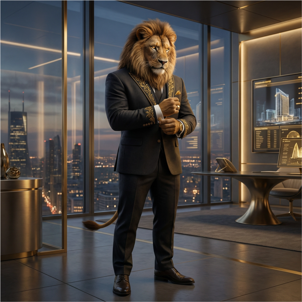 Consultor experto en sistemas e IA representado por un león majestuoso en oficina tecnológica de lujo