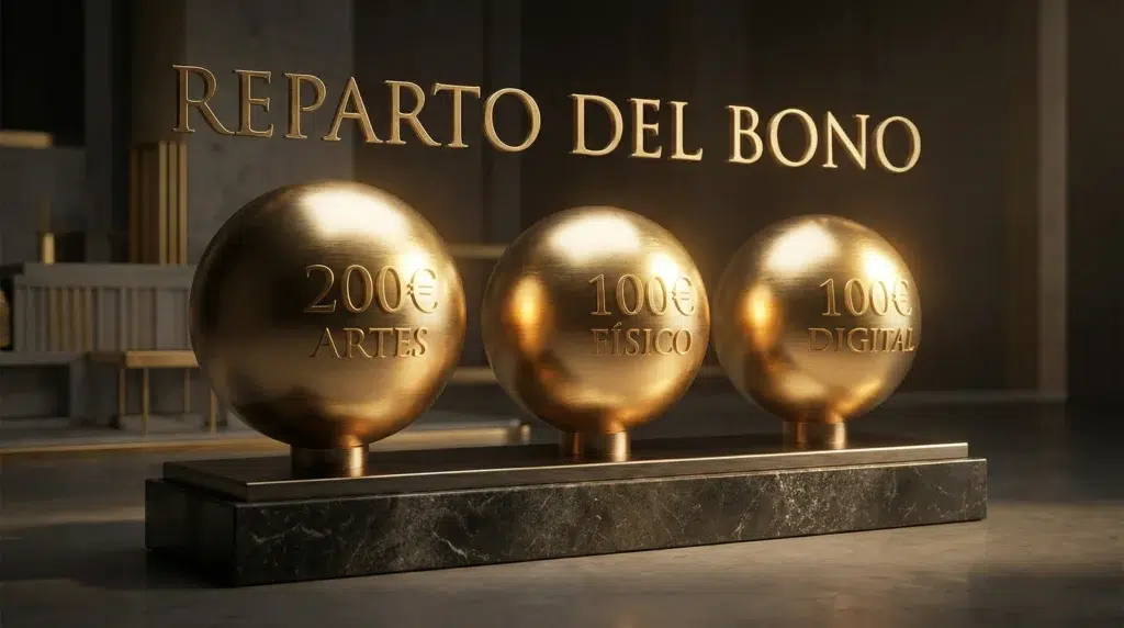 Infografía dorada detallando la división del Bono Cultural: 200€ artes en vivo, 100€ soporte físico y 100€ consumo digital.