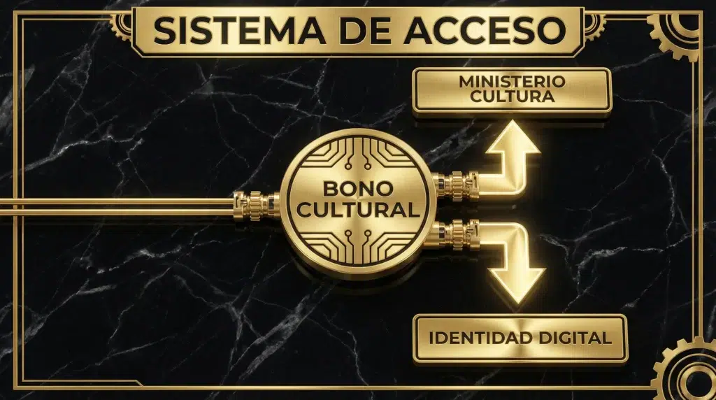 Diagrama técnico en oro y negro que muestra el flujo de validación de identidad para el Bono Cultural Joven mediante Cl@ve y Certificado Digital.