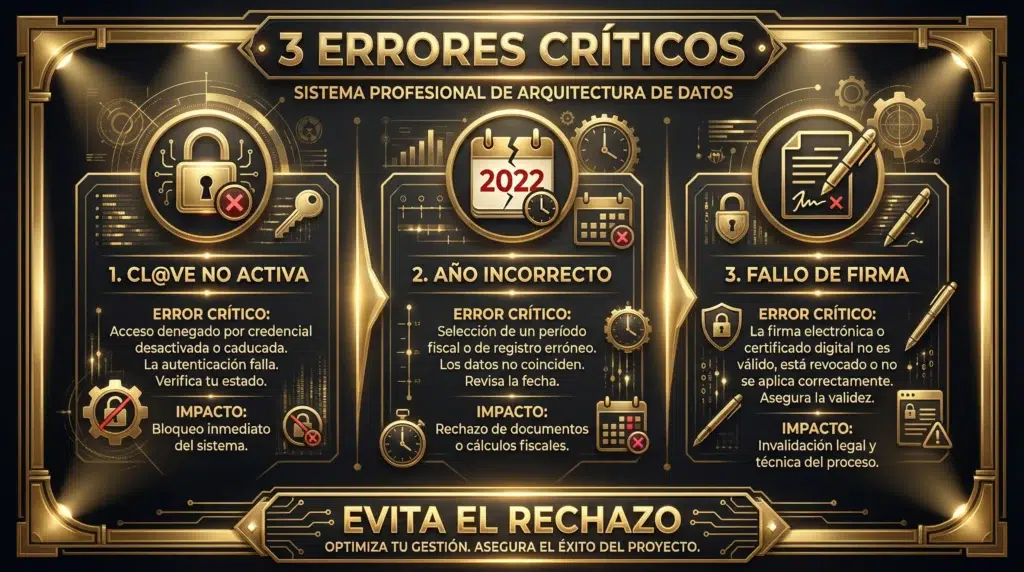 Infografía en oro y negro sobre los 3 fallos más comunes al solicitar el Bono Cultural: activación de Cl@ve, año de nacimiento y firma digital.