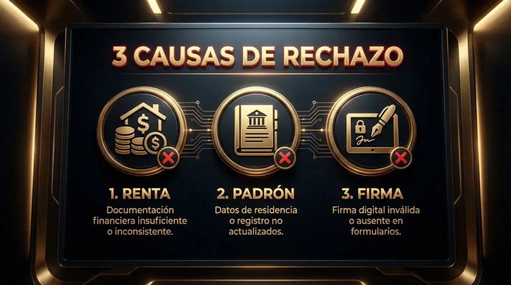 Infografía sobre las 3 causas principales de denegación del Ingreso Mínimo Vital: renta, padrón y fallos de firma.