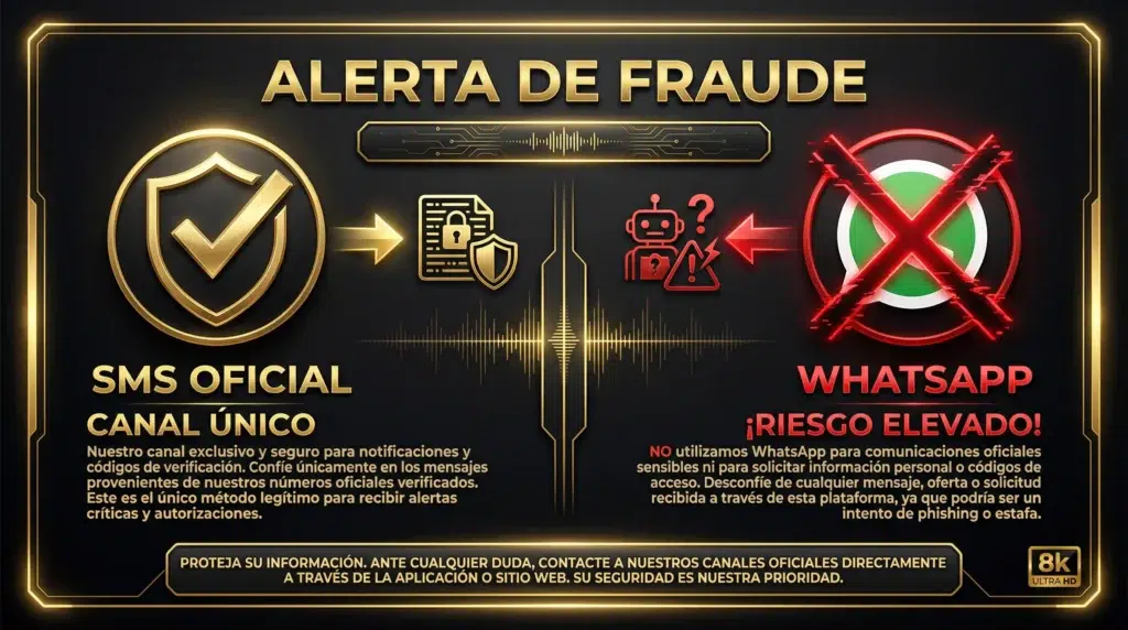 Infografía comparativa en oro y negro alertando sobre el fraude de WhatsApp y validando el canal único de SMS oficial.
