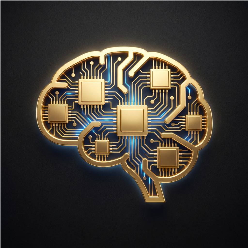 Icono dorado de cerebro tecnológico representando la productividad con IA en Digitalmente Fácil