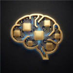 Icono dorado de cerebro tecnológico representando la productividad con IA en Digitalmente Fácil