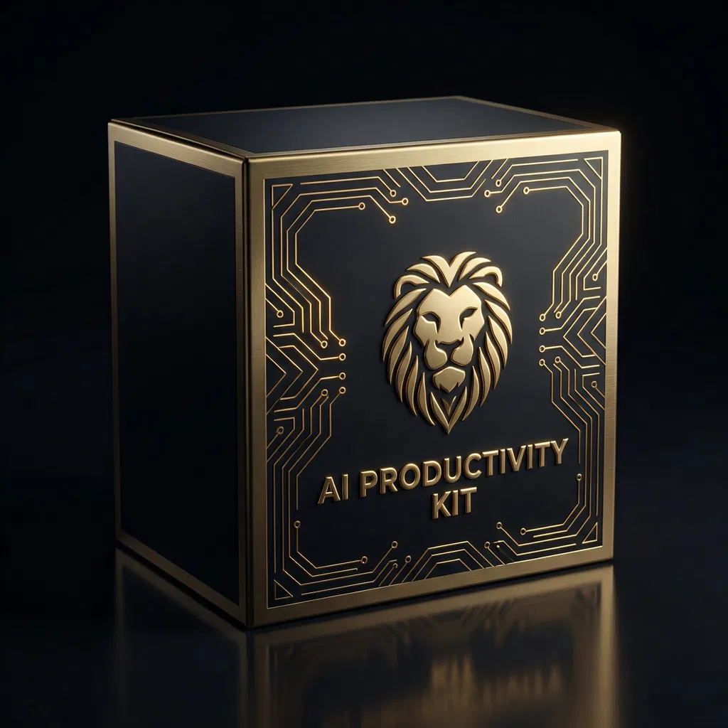 Portada de lujo del Kit de Productividad con IA de Digitalmente Fácil, caja negra con relieves dorados y logo de león.