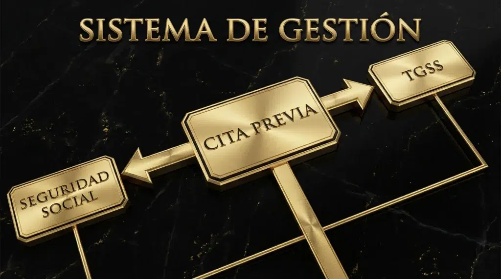 Diagrama técnico en oro y negro que muestra el flujo de gestión de citas previas en la Tesorería General de la Seguridad Social.