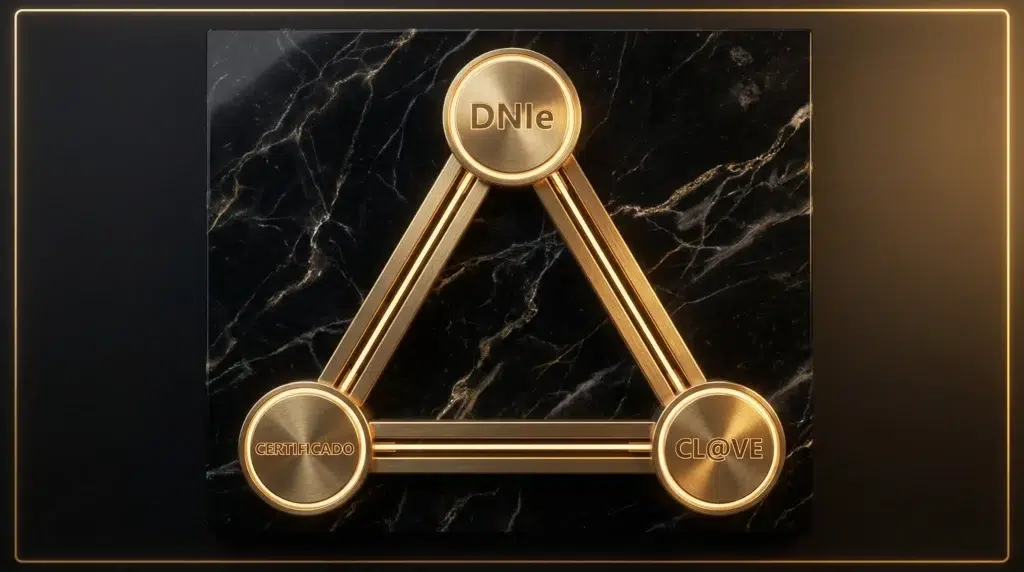 Diagrama técnico en oro y negro que muestra la relación entre el DNI electrónico, el Certificado Digital y el Sistema Cl@ve.