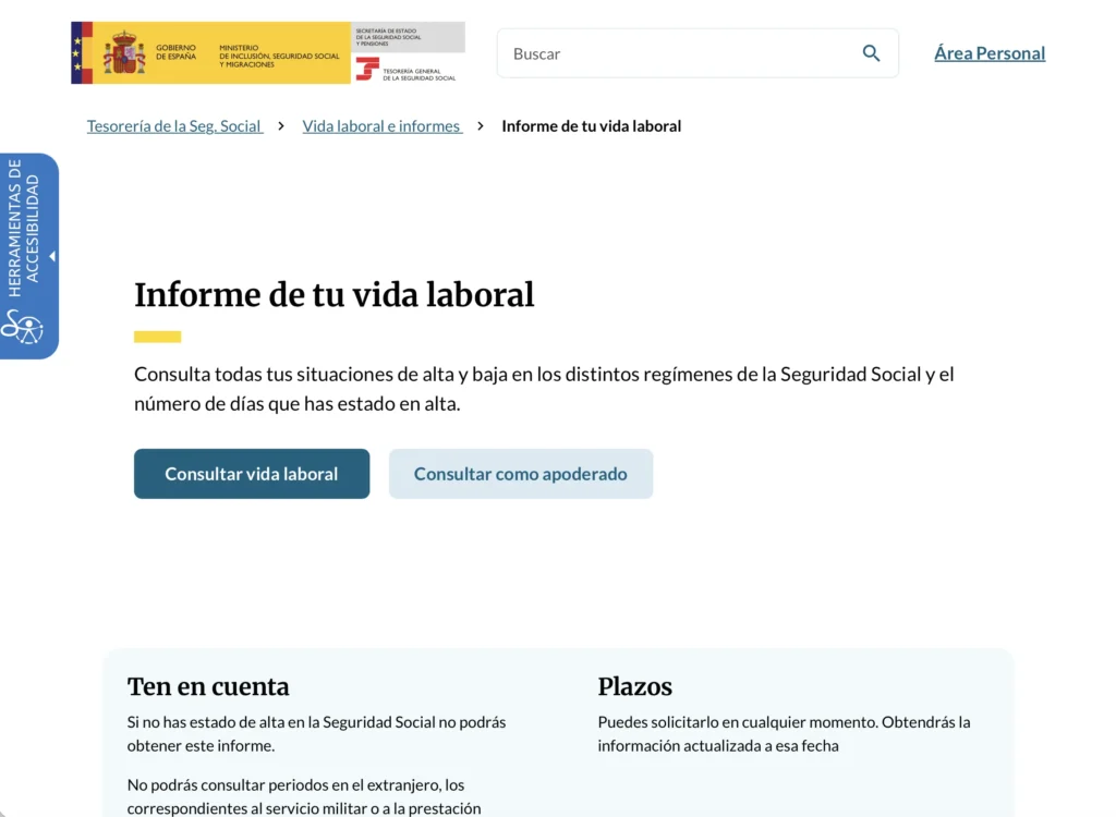 Página oficial para solicitar el informe de vida laboral en la Seguridad Social