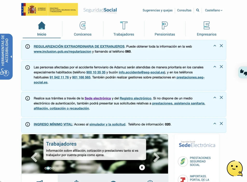 Web oficial de la Seguridad Social del Gobierno de España para trámites online