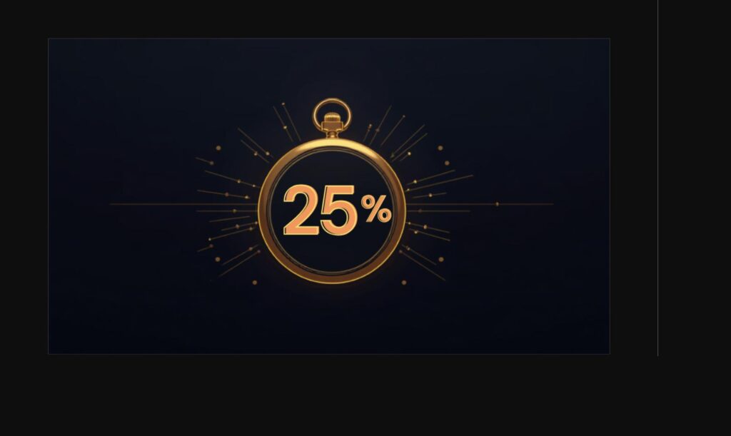 Reloj de bolsillo dorado con el 25% de la pensión, ilustración sobre fondo negro
