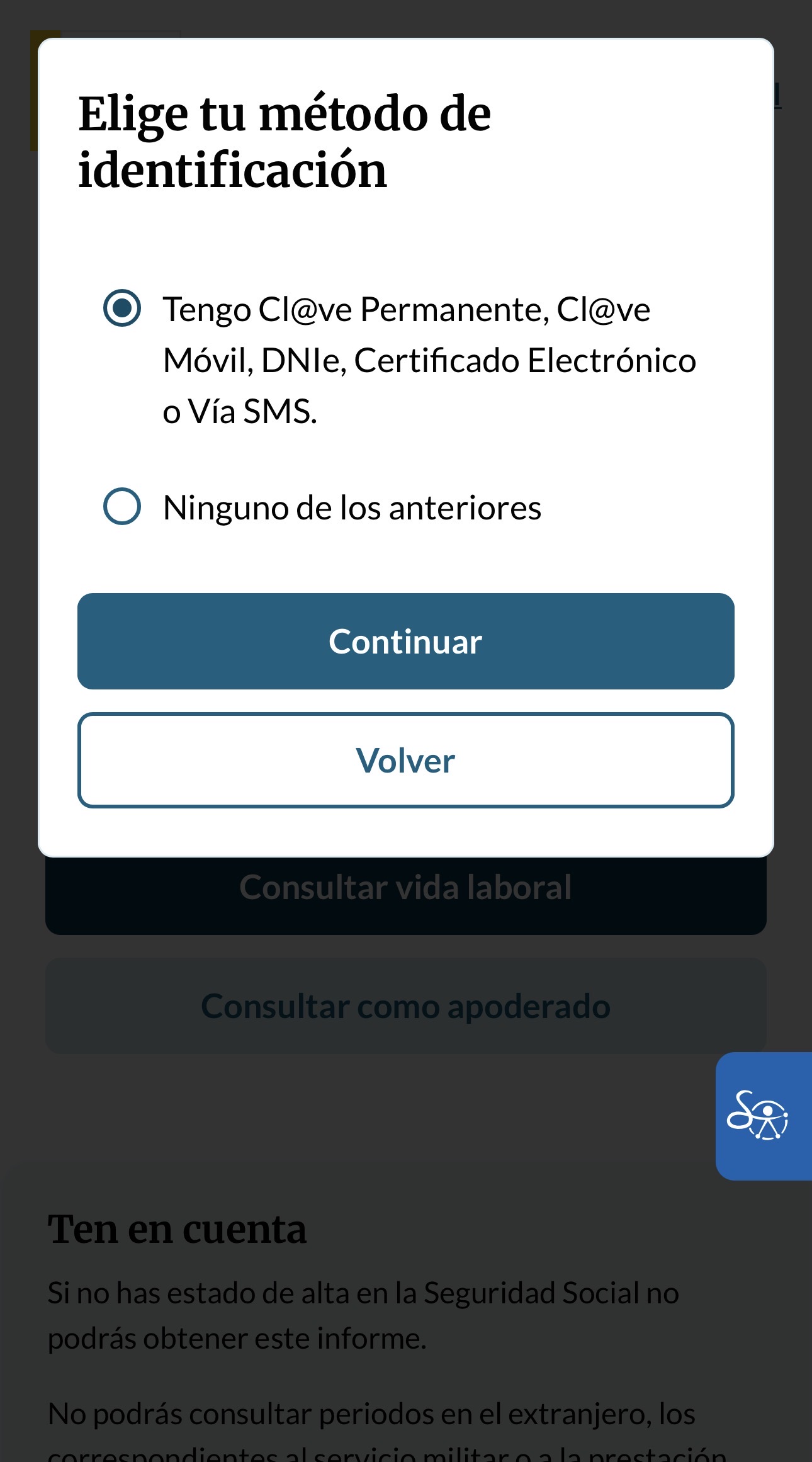Ventana «Elige tu método de identificación» de Import@ss con la opción de Cl@ve, DNIe, certificado o vía SMS marcada