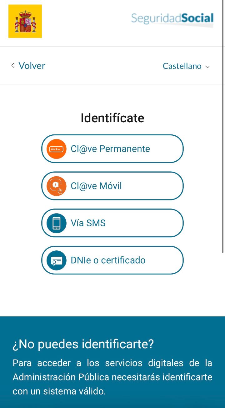 Pantalla «Identifícate» de la Seguridad Social con las vías Cl@ve Permanente, Cl@ve Móvil, Vía SMS y DNIe o certificado
