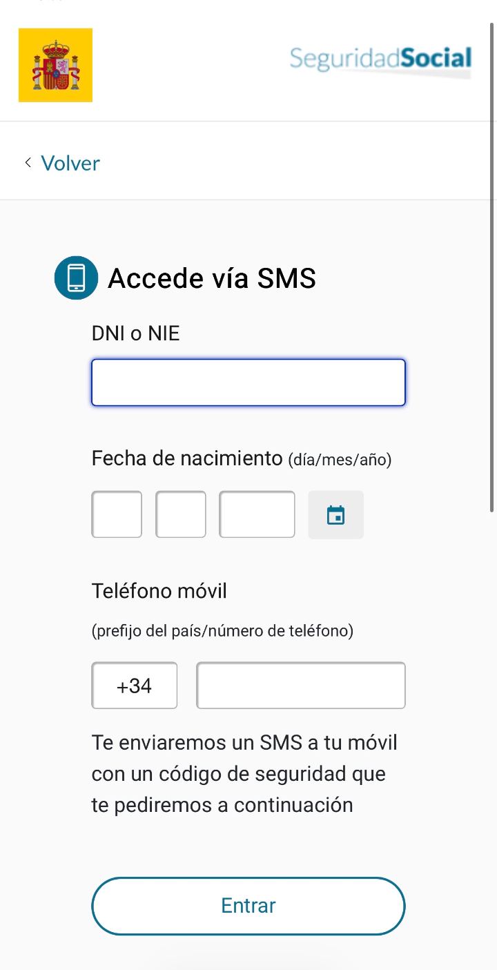 Formulario «Accede vía SMS»: DNI o NIE, fecha de nacimiento y teléfono móvil con prefijo +34