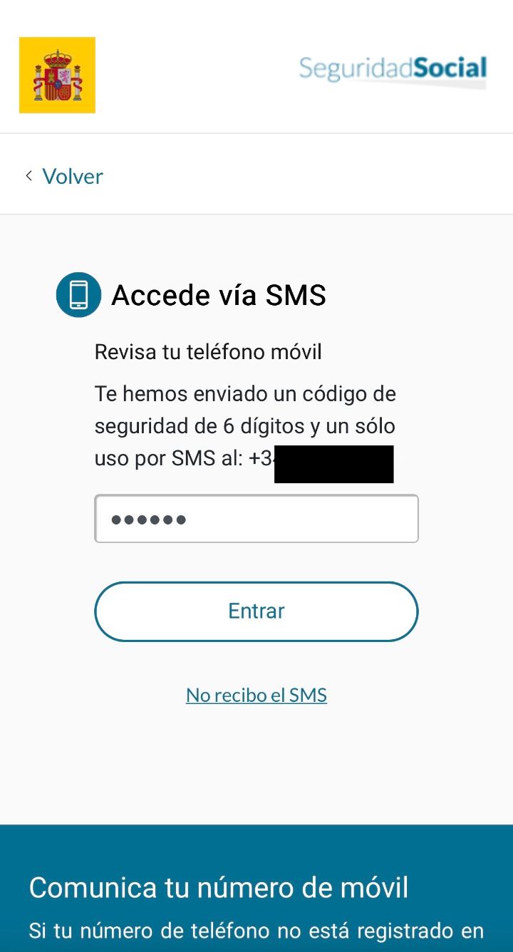 Pantalla «Revisa tu teléfono móvil»: código de seis dígitos enviado por SMS, con el número tapado