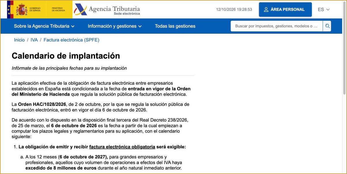 Calendario de implantación de la factura electrónica obligatoria publicado por la Agencia Tributaria: Orden HAC/1028/2026 en vigor el 6 de octubre de 2026, plazos de 12 y 24 meses
