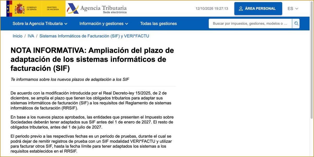 Nota informativa de la Agencia Tributaria sobre la ampliación del plazo de adaptación a VeriFactu: 1 de enero de 2027 para sociedades y 1 de julio de 2027 para el resto