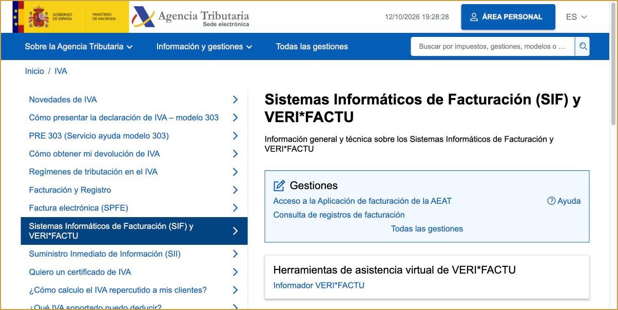 Página de la sede electrónica de la Agencia Tributaria sobre Sistemas Informáticos de Facturación (SIF) y VERI*FACTU, con acceso a la aplicación gratuita de facturación