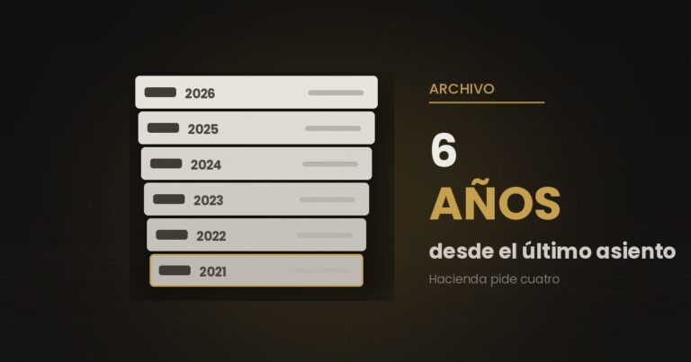 Pila de archivadores por años, de 2026 a 2021, con el último resaltado, junto a la cifra de seis años