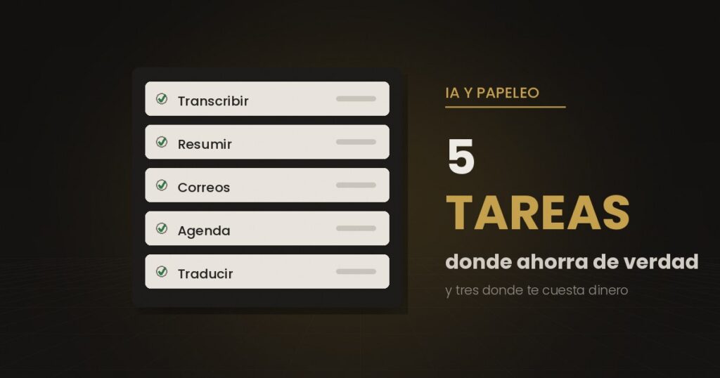 Lista de cinco tareas marcadas como válidas — transcribir, resumir, correos, agenda y traducir — junto al rótulo de cinco tareas