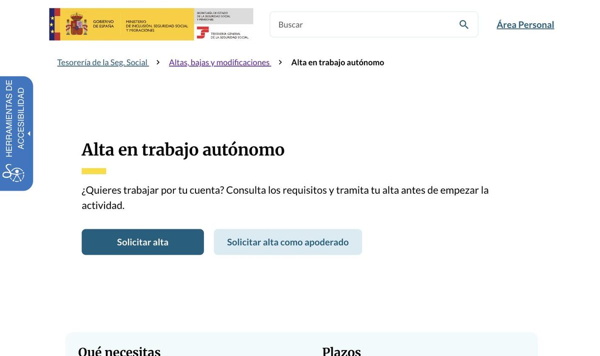 Pantalla de Alta en trabajo autónomo con el botón Solicitar alta