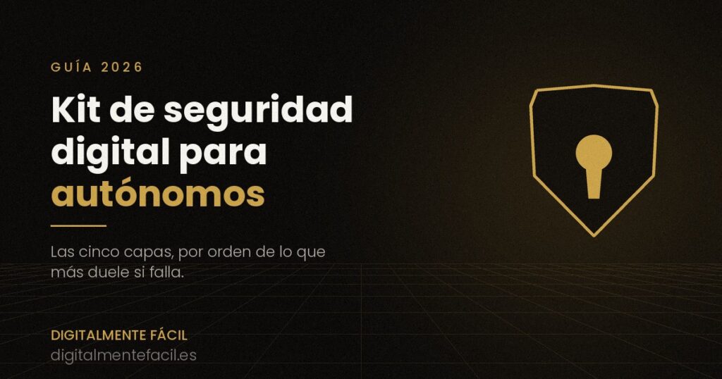Escudo dorado con cerradura sobre fondo oscuro y el título Kit de seguridad digital para autónomos
