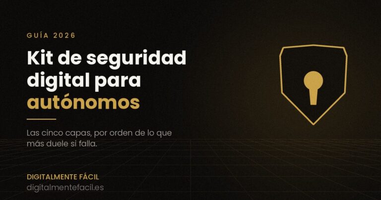 Escudo dorado con cerradura sobre fondo oscuro y el título Kit de seguridad digital para autónomos