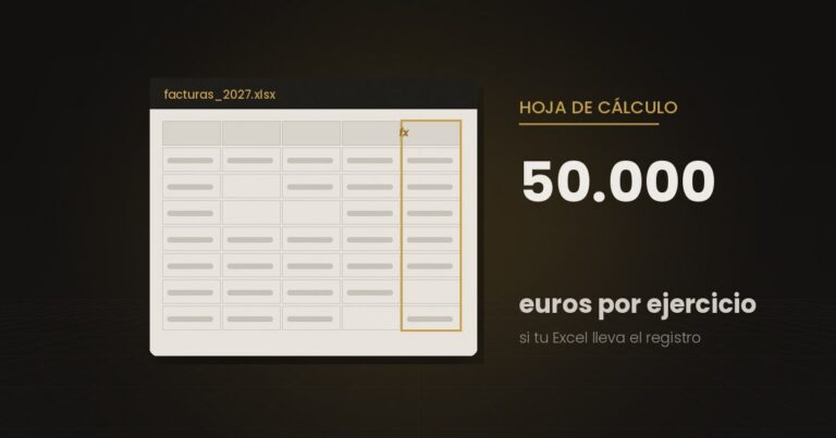 Hoja de cálculo de facturación con la columna del registro resaltada junto a la cifra de 50.000 euros por ejercicio